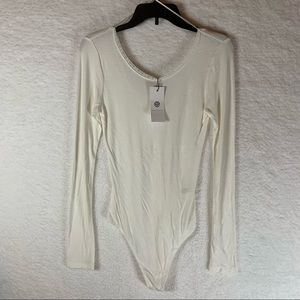 Socialite‎ White Ribbed Lace Trim Long Sleeve Thong Bodysuit S NWT 4725